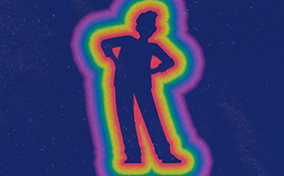 An kid with their hands on their hips is outlined by rainbow colors. 