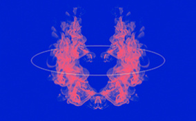 Two twin red flames mirror each other and surrounded by a thin white circle against a blue background.