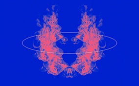 Two twin red flames mirror each other and surrounded by a thin white circle against a blue background.