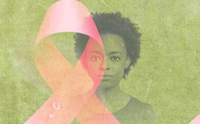 A pink breast cancer ribbon layers over an image of a black woman against a green background.