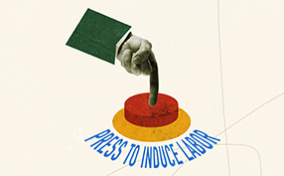 A hand points a finger down on a button with Press to Induce Labor written below it.
