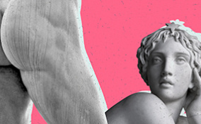 A roman statue of a woman lays in front of the Statue of David looking towards his groin.