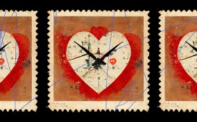 A row of orange stamps show a white clock in the shape of heart with a red layer behind it.