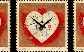 A row of orange stamps show a white clock in the shape of heart with a red layer behind it.