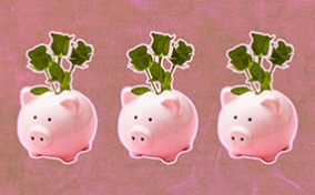 Three piggy banks are lined up with green flowers coming from the top.