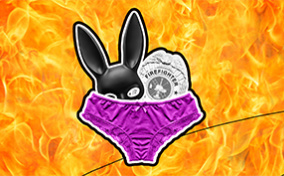 A black bunny mask and fireman badge poke out the top of purple underwear, and fire blazes in the background.