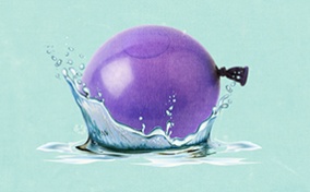 A purple balloon full of liquid makes a splash as it drops into water.