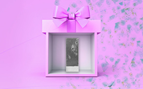 A purple gift box is open on the front to show cell samples from a pap smear.