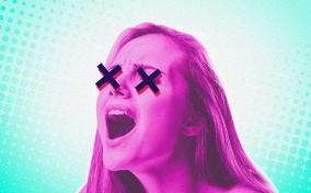 A pink woman screams out with a black X on each eye.