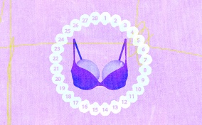 A purple bra with circles in the cups is surrounded by the numbers 1 through 28.
