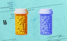 An orange pill bottle and a blue pill bottle are side-by-side against a prescription paper.
