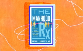 The book cover for Manhood RX sits on an orange background.