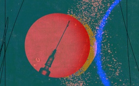 Liquid drips from a vaccine needle that is inside a red circle on a green and yellow background.