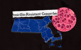 A pink, microscopic image of gonorrhea pops out of a blue shape of Massachusetts with the words "Penicillin-Resistant Gonorrhea" at the top.