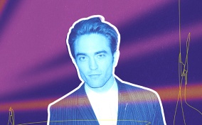 A blue-tinted image of Robert Pattinson is on a purple, streaked background.