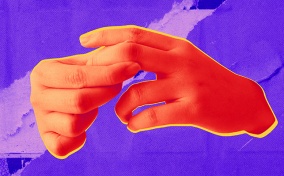 A reddish-orange hand holds a knuckle on the other hand against a purple background.
