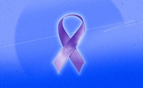 A purple awareness ribbon glows against a blue background.