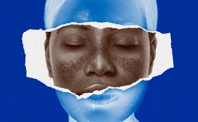 A portion of a blue inverted facial image is torn to reveal a black and white image.