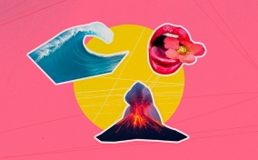 A volcano sits on a yellow circle with a wave and a pair of open lips against a pink background.