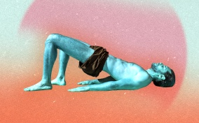 A teal man does Kegel exercises against a peach and yellow background.