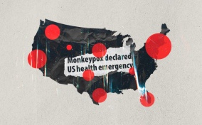 A news clipping about Monkeybox is layered with red circles over a dark map of the United States.