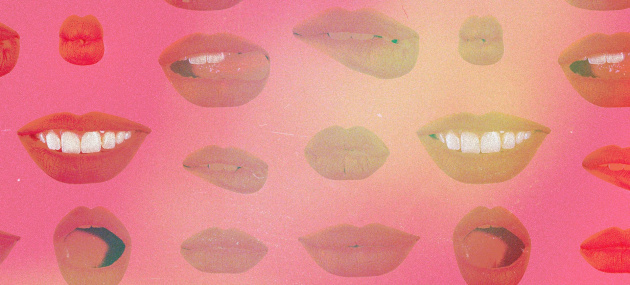 Multiple pairs of lips against a pink background are in various sexy poses.