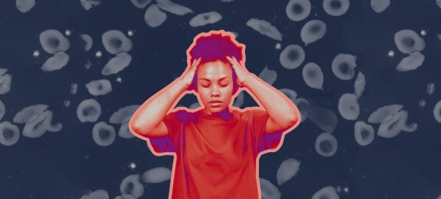 A black woman with her eyes closed grabs her head over a background of grey blood cells. 