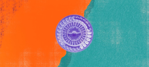 A purple container of birth control pills sits against an orange and teal background.