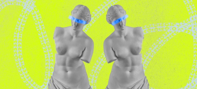 Two Roman statues stand next to each other facing opposite angles against a lime background with treads of DNA.