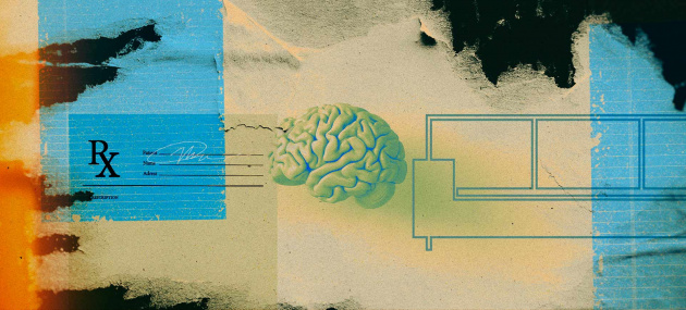 A human brain sits between a prescription form and a sofa against a yellow and blue background.