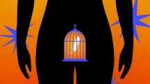 A black silhouette of a female body has a bird cage against the pelvis with a tampon trapped inside.