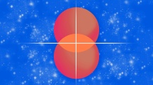 Two orange circles partially overlap with white crosshairs in the middle against a blue background.