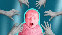 A pink newborn baby yawns as six grey hands reach to touch it despite a do not touch stamp on its head 
