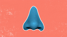 A teal nose grows bigger against an orange background.