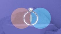 Pink and blue circles overlap under an engagement ring against a purple background.