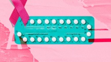 A green packet of birth control pills is against a pink background with pink breast cancer ribbons.