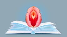 A book lays open on a grey surface with a bright red vulva in the middle.