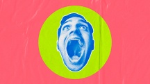 head with blue tint opens mouth up very wide on green circle on pink background
