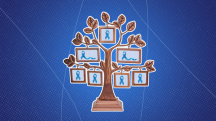 a family tree with photos of blue ribbons on a dark blue background