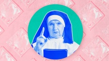 A nun holds a finger up as she looks forward in the middle of a green screen and against a pink background.