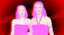 Rachel Weitz and Kitty Hawthorne with pink tint on red marbled background