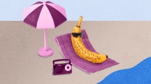 A banana in sunglasses lays on a towel at the beach next to an umbrella and radio.