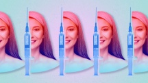 women smiling with pink and blue gradient behind blue syringes on light blue background